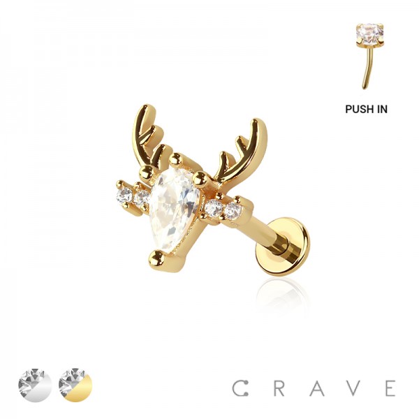REINDEER (DEER HEAD) CZ THREADLESS (PUSH IN) 316L SURGICAL STEEL LABRET SET